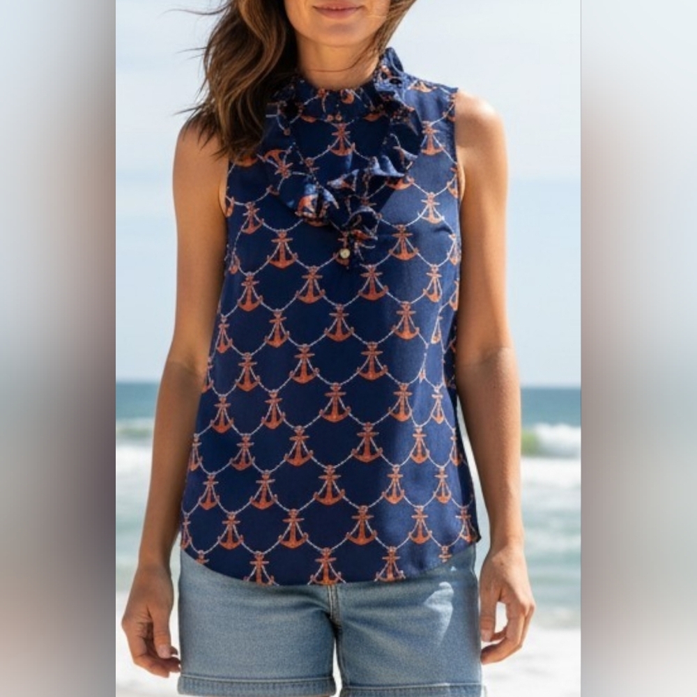 Mud Pie - NWOT, Navy Blue Sleeveless Blouse, Ruffled Collar W/2 Working Buttons, - Picture 2 of 12